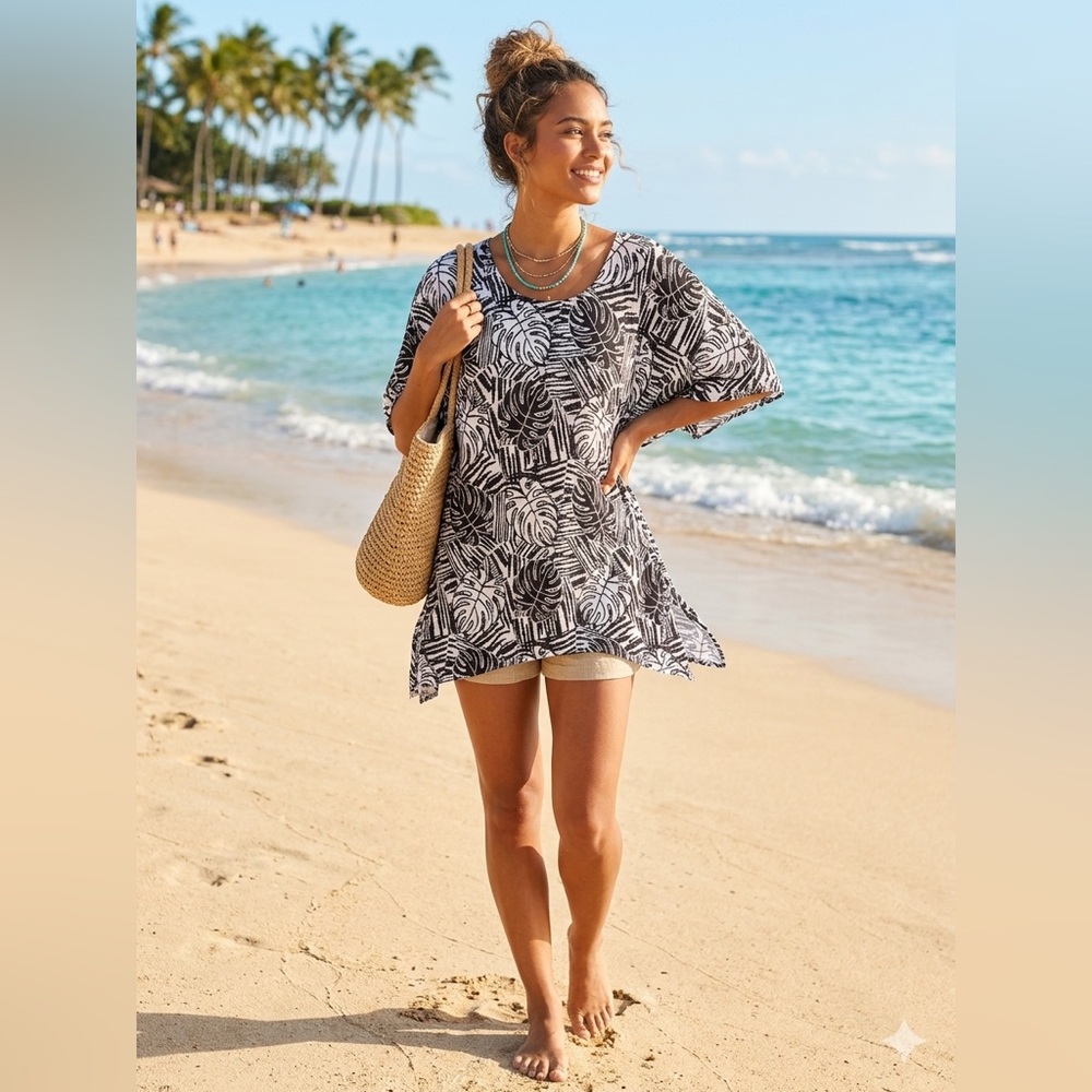 Black & White Tropical Leaf Swim Coverup Tunic by